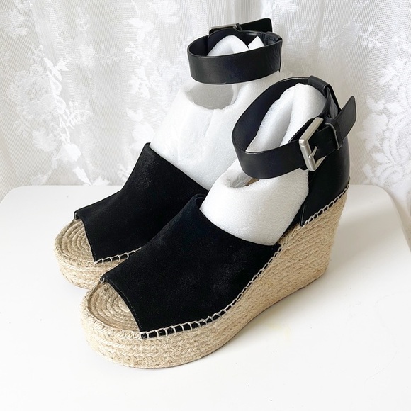 MARC FISHER Adalyn Black Leather/Suede Jute Wedge Platform Sandals 10 - Picture 7 of 13